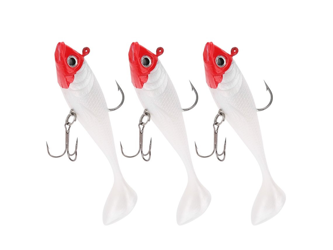 3 Piezas De Señuelo De Pesca Suave Ttailed Cabeza Roja Cuerpo Blanco Paquete De Cebo Falso Lifelike