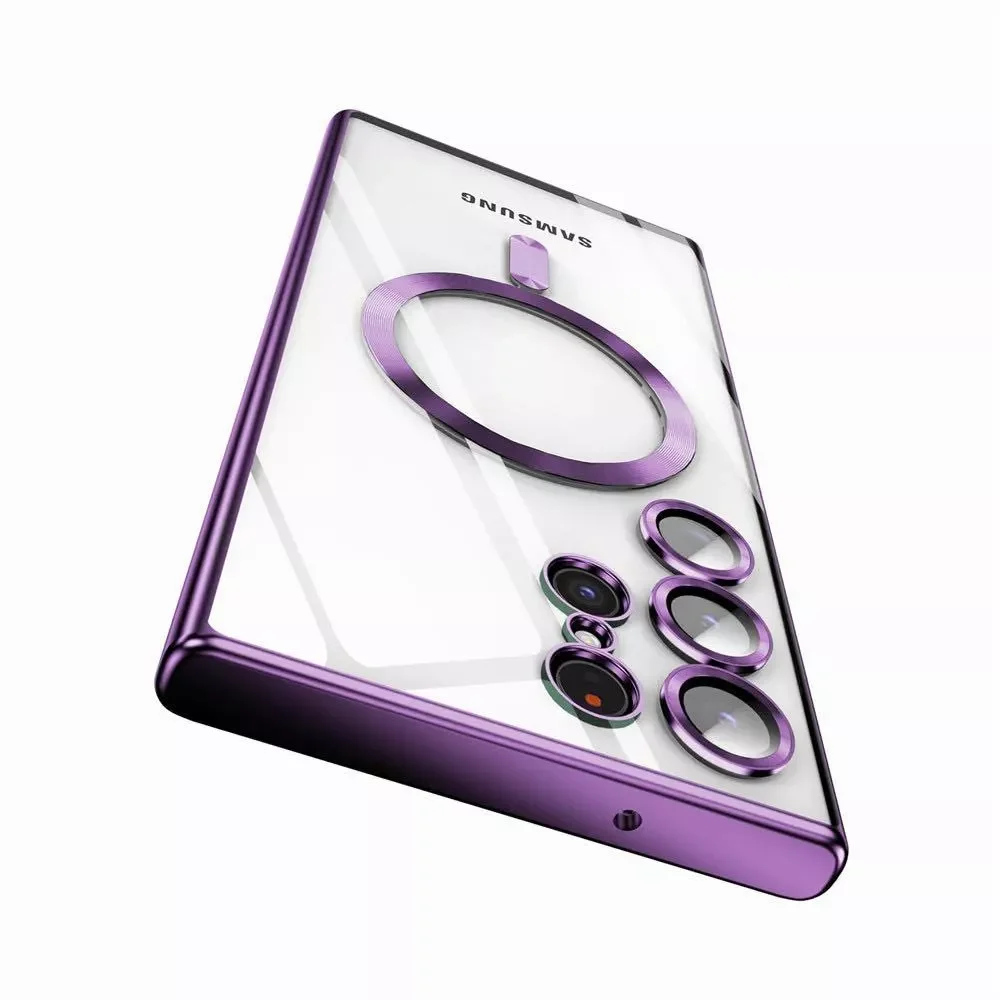 (samsung S24 Morado) Funda Magnética Transparente Galvanizada Para Samsung, Compatible Con Carga Inalámbrica Magsafe.