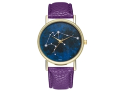 Reloj De Pulsera Unisex De Cuarzo Con Correa De Cuero Y Esfera Con Diseño De Cielo Estrellado Morado.
