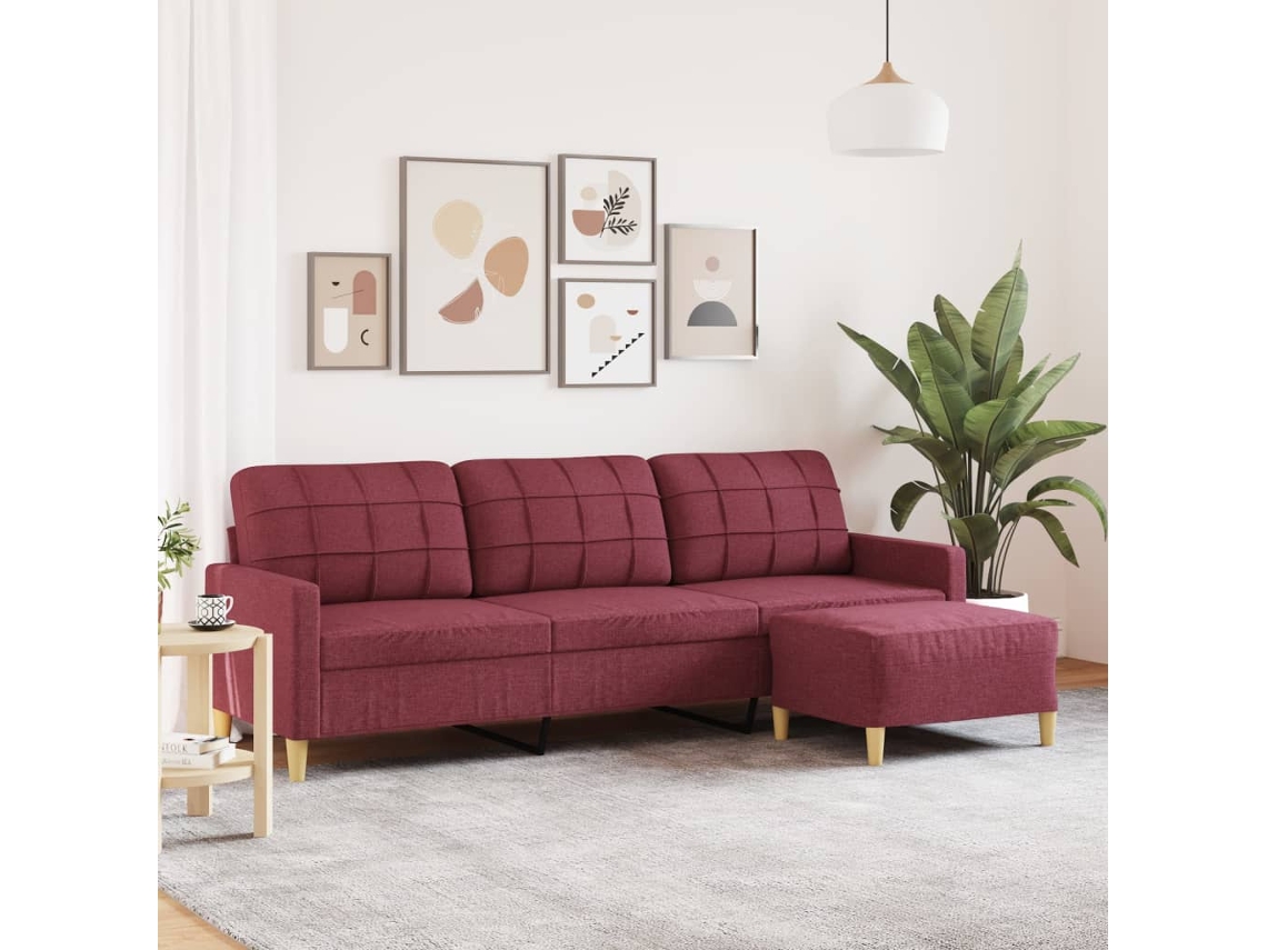 Sofá De 3 Plazas | Sofá De Salón | Sofá De Descanso Con Taburete De Tela Rojo Tinto 210 Cm
