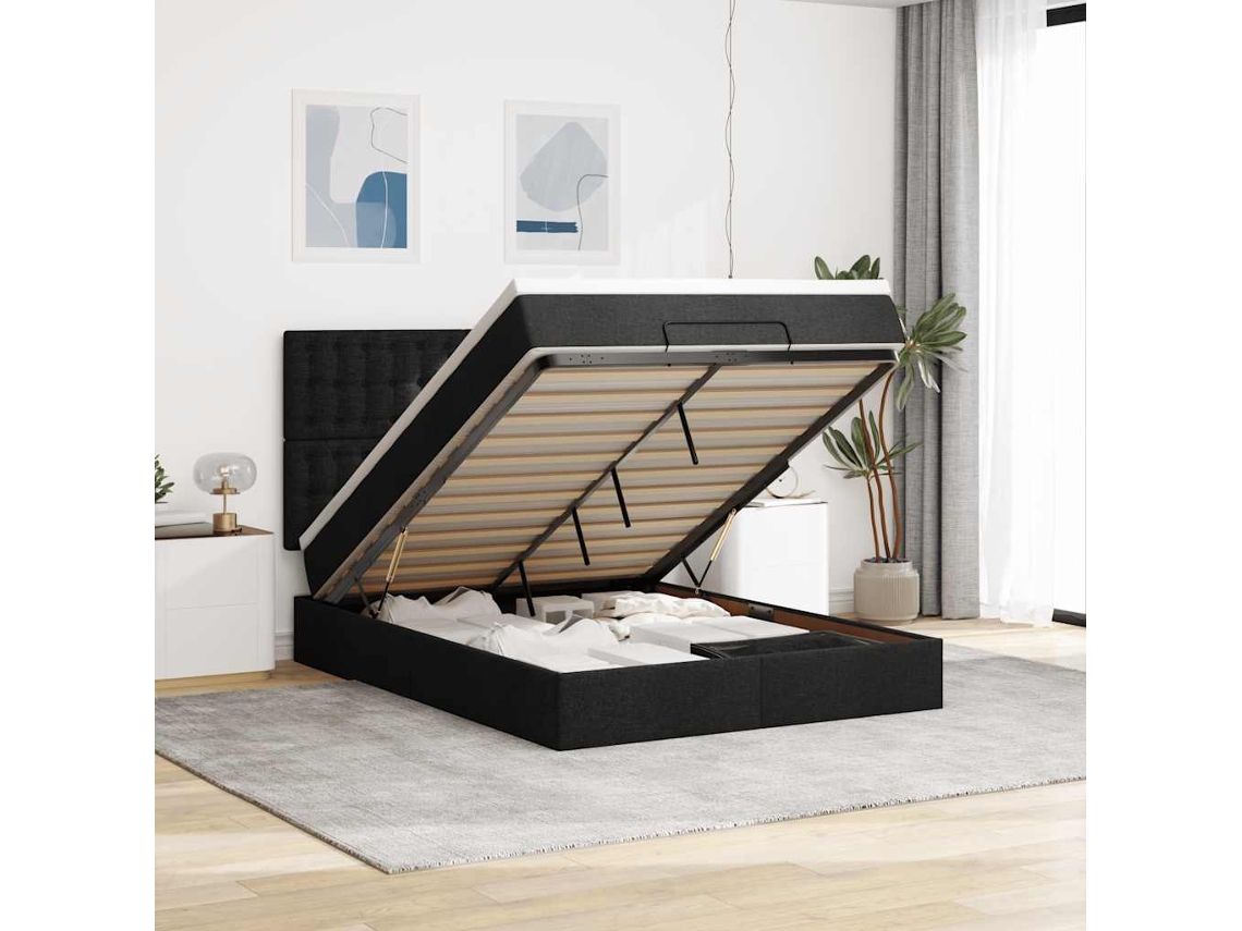 Estructura Cama Otomana Colchón Tela Negra 140x190 Cm