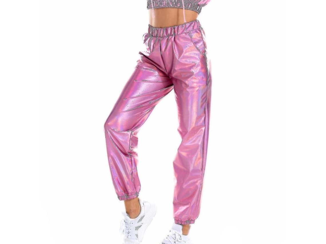 2026-pantalones Casual Holográficos Mujer Moda Streetwear Cool Brillantes Para Club Temporada Todas S Rosa