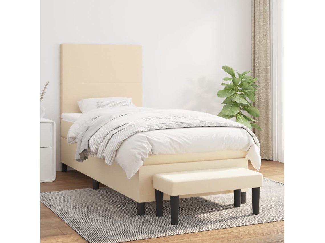 Cama Box Spring Con Colchón Tela Color Crema 90x200 Cm