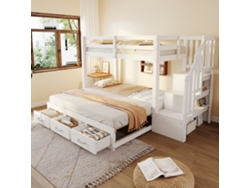 Cama Litera 90/180x200 Cm - Con Escalera Con Cajones, Cama Extensible, Cama Juvenil, Somier De Madera - Blanca