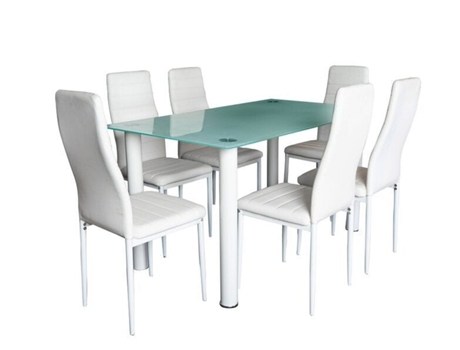 Mesa de Cristal Templado 6 Sillas Polipiel. Comedor o Cocina, Blanco