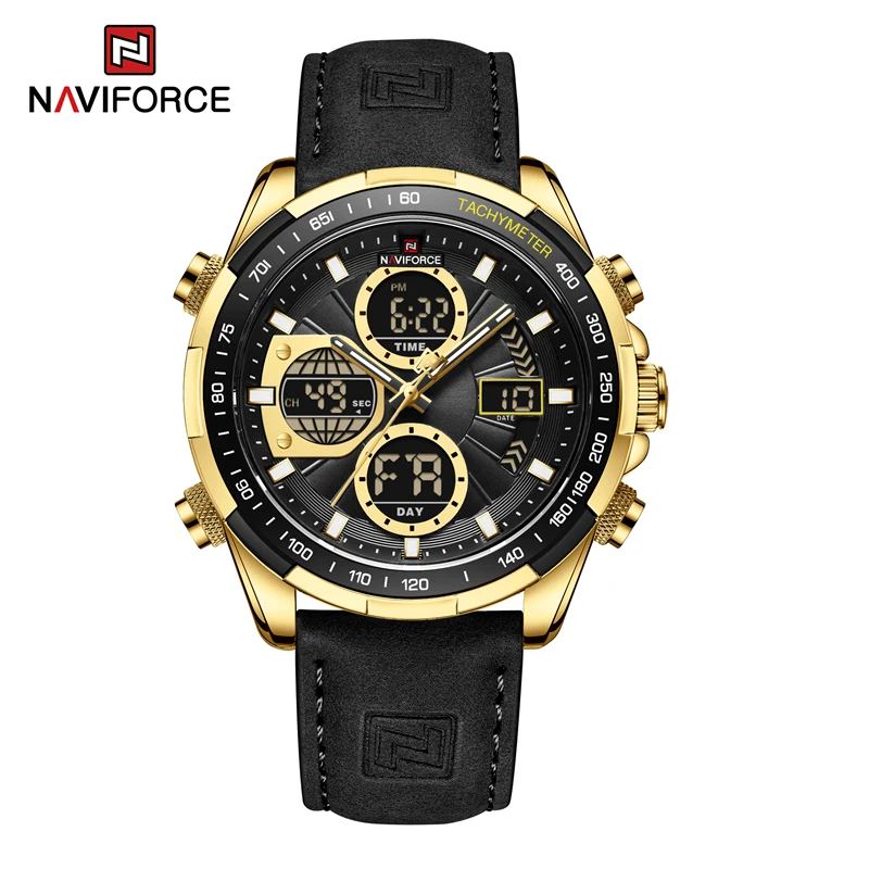 Reloj De Cuero Genuino Para Hombre (dorado Y Negro), Cronógrafo Resistente Al Agua De Grado Militar.