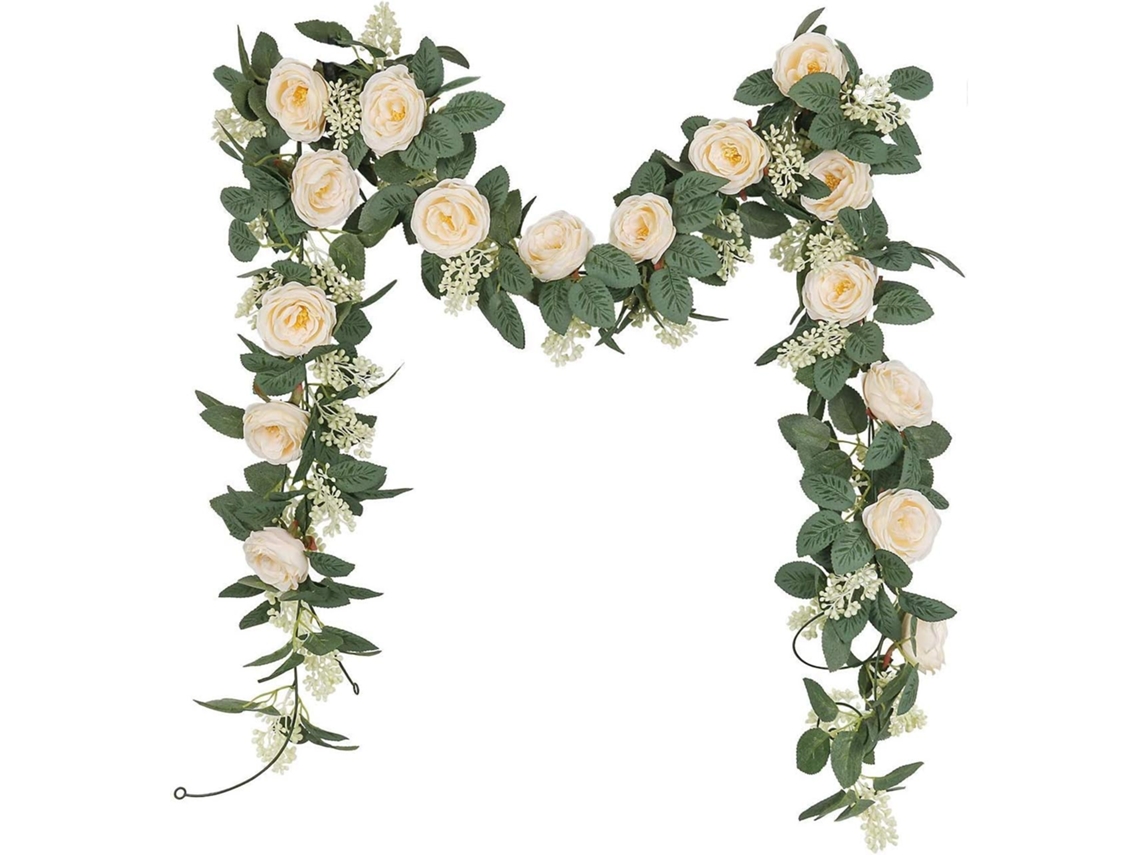 Guirnalda de rosas de té artificial HYMNORA con hojas de hiedra, flores artificiales para colgar en casa o jardín (champán)
