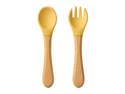 (color Wasabi) Juego De Dos Vajillas Para Bebé De Silicona Y Madera Con Mangos De Madera.