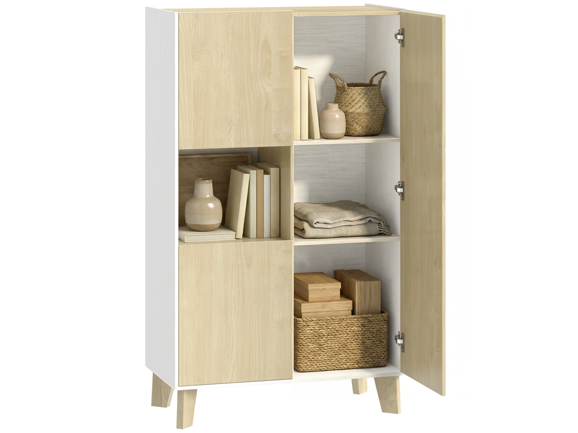 Aparador de cocina con 6 compartimentos y puertas de cierre suave, madera blanca.