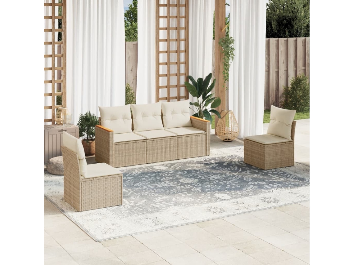 Conjunto de sofá de jardín de 5 piezas con cojines, mimbre sintético beige, Dkd Home Decor