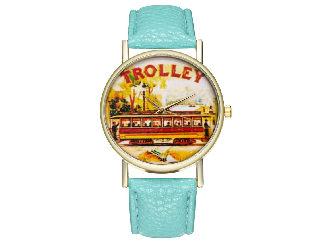 Reloj De Pulsera Unisex Con Correa Pu Dial Redondo Patrón Trolley Verde Menta