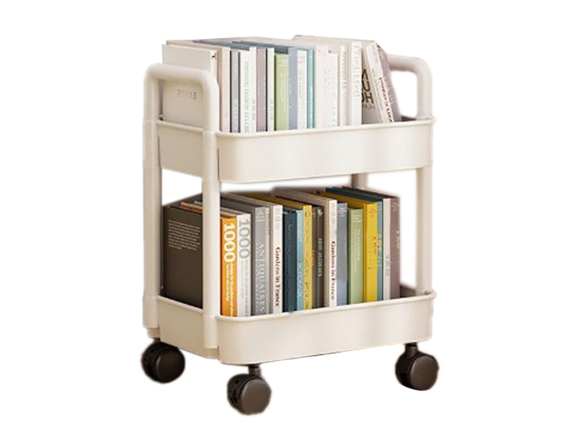 Carrito de plástico con ruedas de 2 capas, blanco, con gancho, estable, móvil, para sala de estar, dormitorio y cocina.