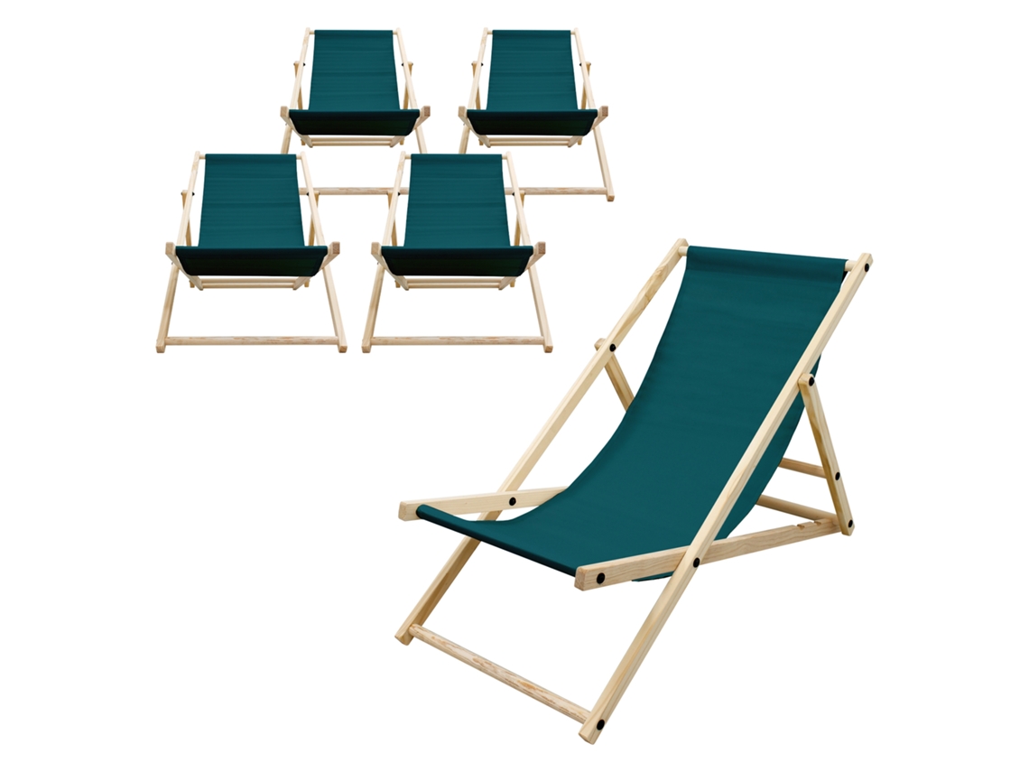 5x Sillas De Playa Ecd Germany Madera Y Tela Azul Petróleo Plegable Con Respaldo Ajustable