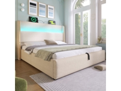 Cama Hidráulica 160x200 Cm - Con Led, Almacenamiento, Puertos Usb/type-c - Beige