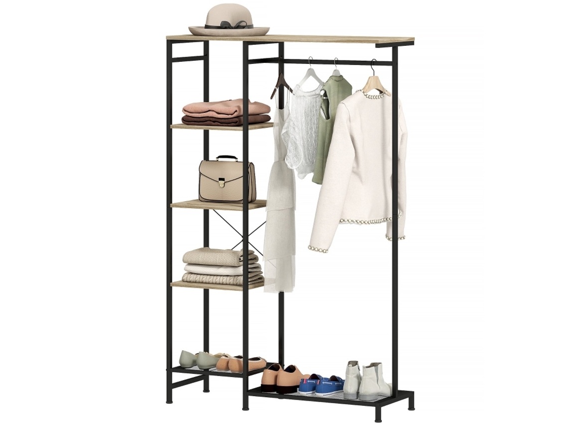 Perchero, Perchero con barra para ropa, zapatero, mueble de almacenaje con dispositivo antivuelco, Mc Star Oak
