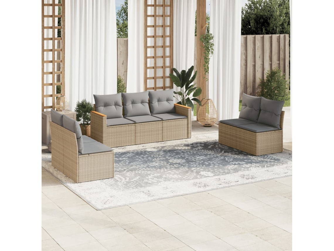 Conjunto de sofá de jardín de 7 piezas con cojines, mimbre beige mixto, DKD Home Decor