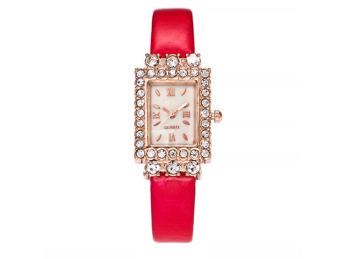 Reloj De Pulsera Cuadrado Para Mujer Con Diamantes De Imitación, Aleación Moderna Y Piel Sintética (rosa Y Rojo)