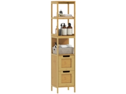Armario Alto Para Baño Con 3 Estantes Y 2 Cajones De Bambú Estilo Moderno 30x30x144,3 Cm Natural