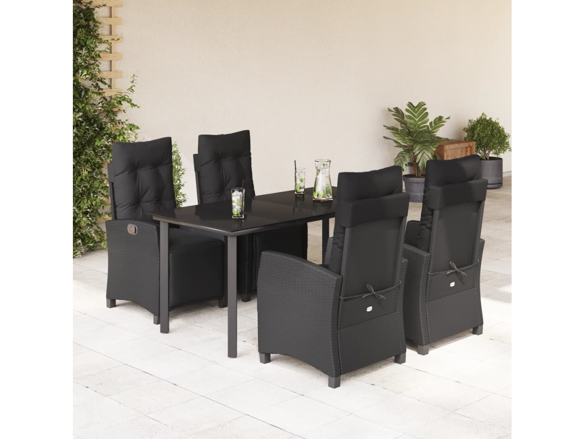 Juego de comedor de jardín de 5 piezas con cojines, mimbre sintético negro, DKD Home Decor