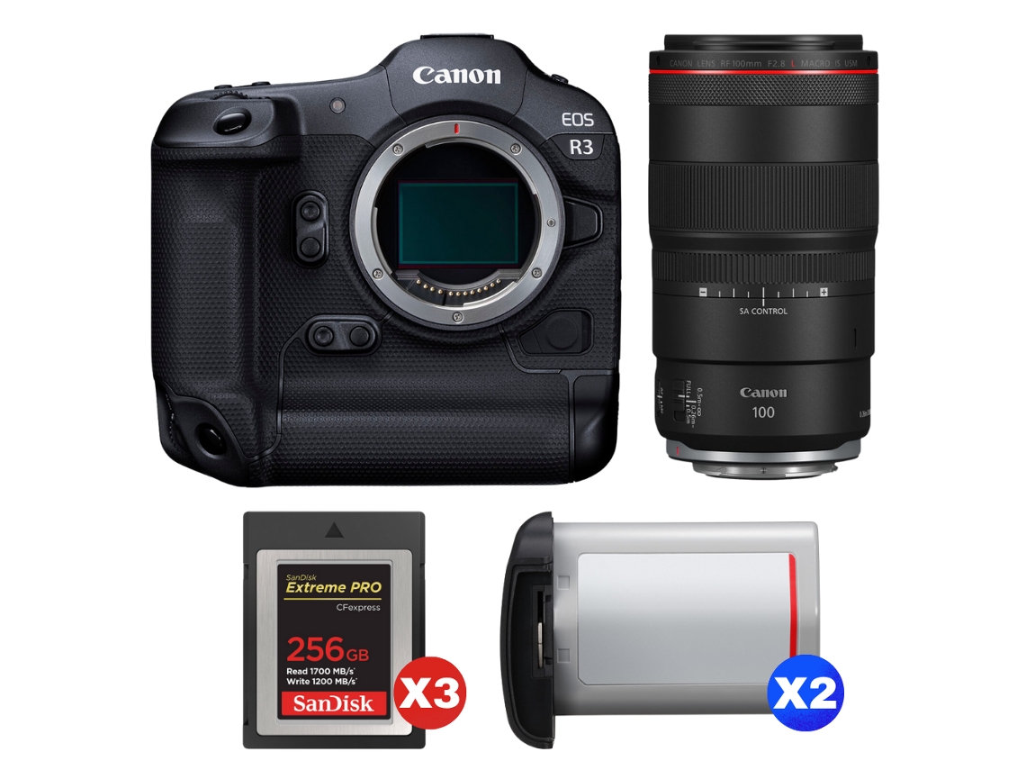 EOS R3 + RF 100mm F/2.8 L Macro IS USM + 3 tarjetas Sandisk Extreme Pro de 256 GB Cfexpress Tipo B + 2 cámaras Canon LP E19 + Libro electrónico Pricedirect CANON
