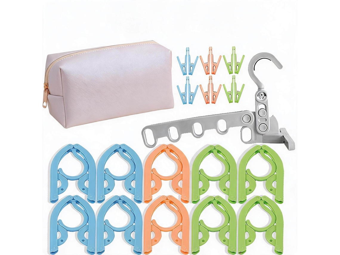Juego de perchas plegables de viaje CHRUI: 10 perchas con 12 pinzas + percha de 5 agujeros + bolsa (blanco)