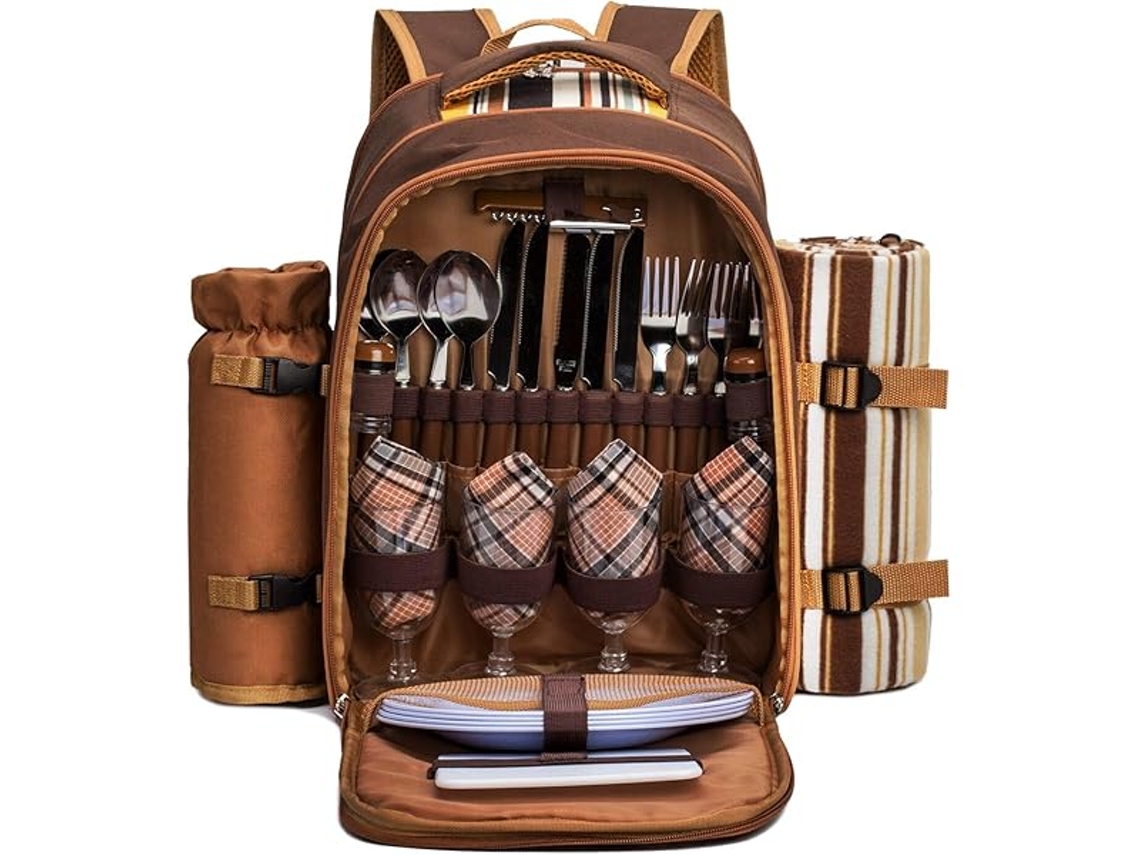 Mochila Para Picnic Para Cuatro Personas, Con Manta Polar Y Compartimento Isotérmico, Color Marrón, Ideal Para Actividades Al Aire Libre
