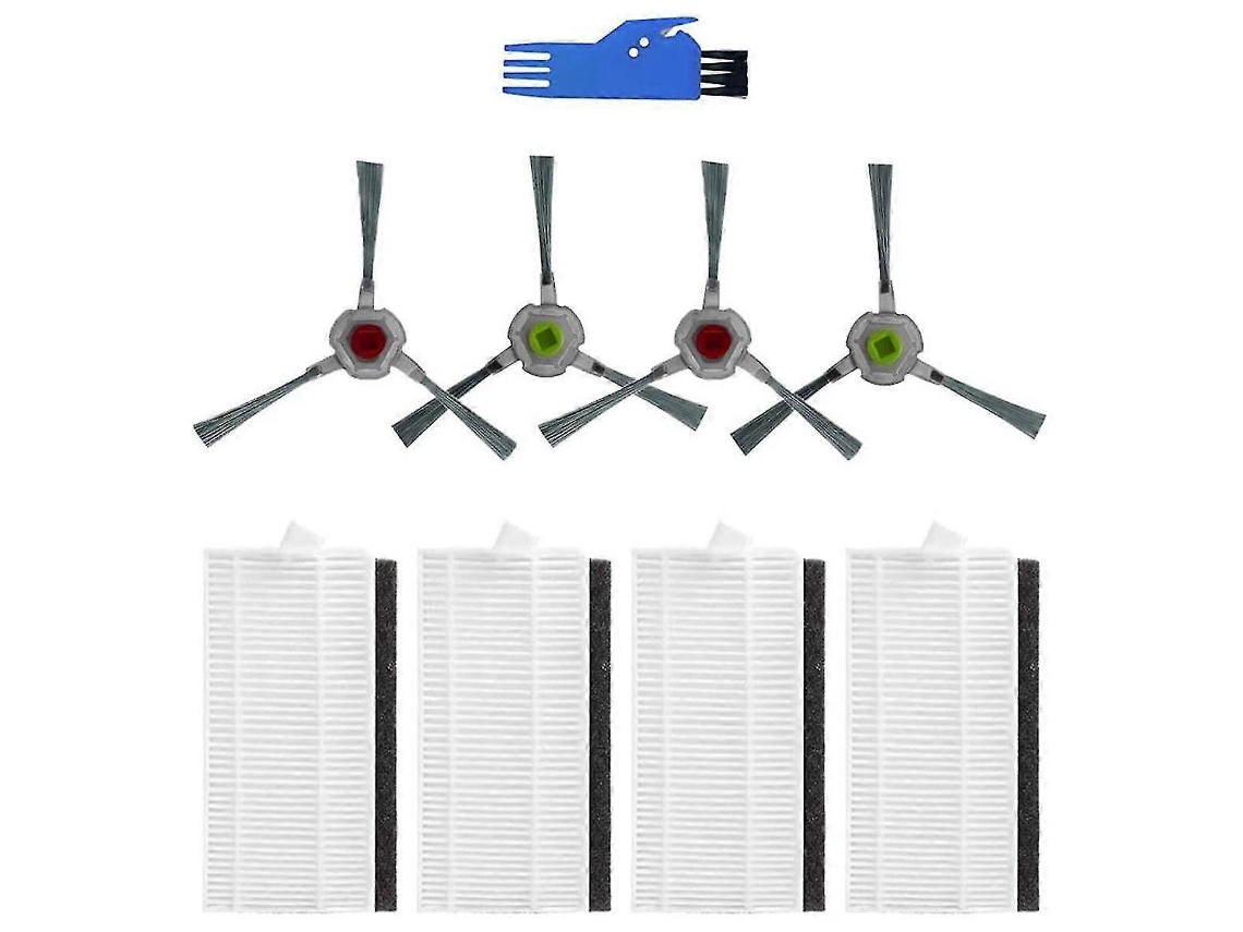 piezas de repuesto para el robot aspirador P20: cepillos laterales lavables, filtros HEPA y herramienta de limpieza.