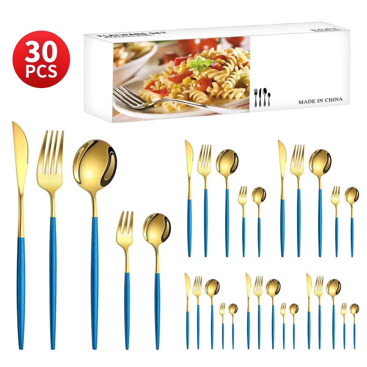 Juego de cubiertos de acero inoxidable que incluye cuchillo, tenedor, cuchara, tenedor de té y cucharilla. MDUG (dorado y azul)