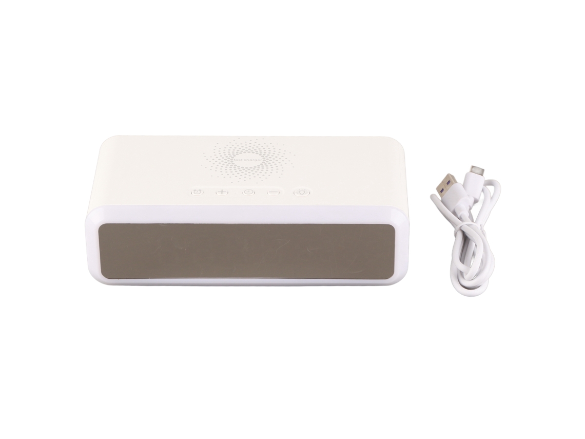 Reloj despertador Baok-reloj con cargador inalámbrico de 15 W, pantalla HD con hora, fecha y temperatura, 4 niveles de brillo y multifuncional para iOS y Android (blanco).