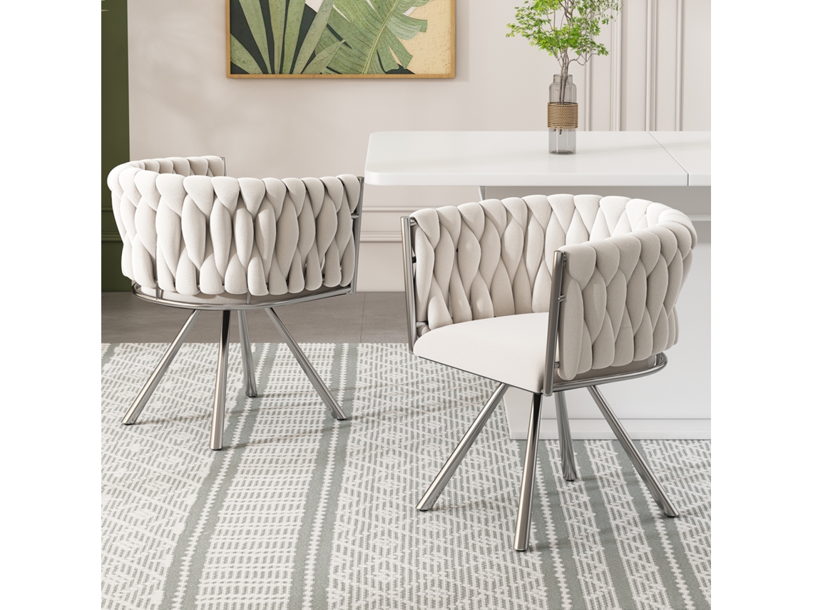 Silla De Comedor De Terciopelo, Juego De 2, Silla Giratoria De Lujo Para Sala De Estar/dormitorio Con Luz Individual, Silla Giratoria De Ocio Con Cuatro Patas De Soporte De Metal, Beige + Plata