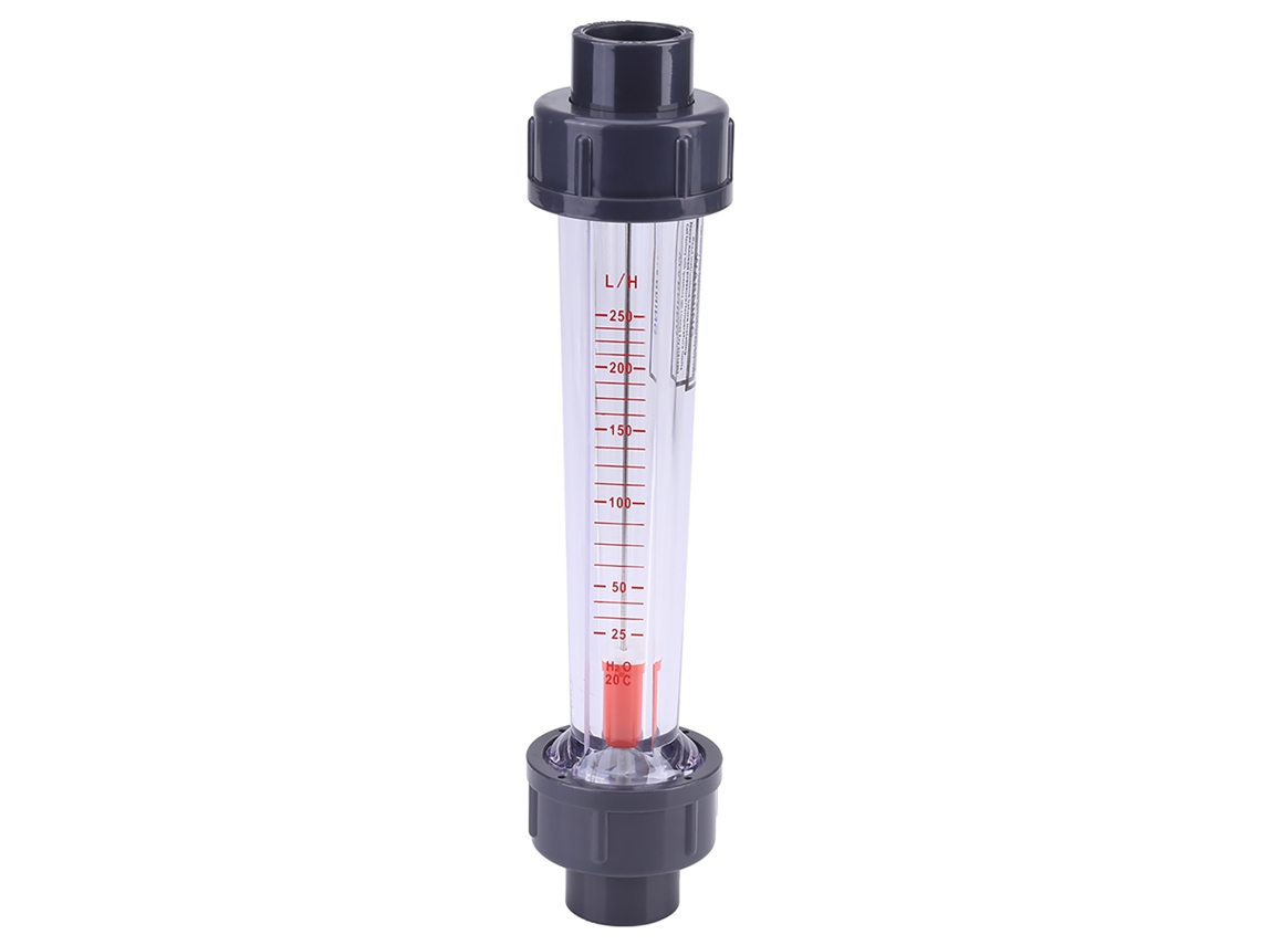 Caudalímetro instantáneo (sin marca), tubo de plástico, 25-250 L/h, para las industrias química y alimentaria.