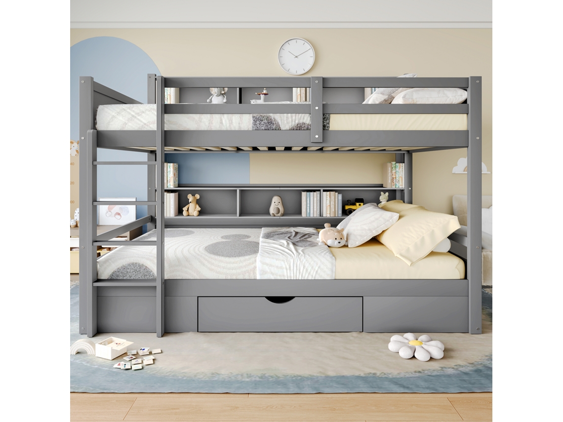 Litera infantil 2x90x200 cm con cajón y compartimentos, estilo gris