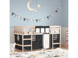 Cama Alta Niños Con Cortinas Madera Pino Blanco Negro 80x200 Cm
