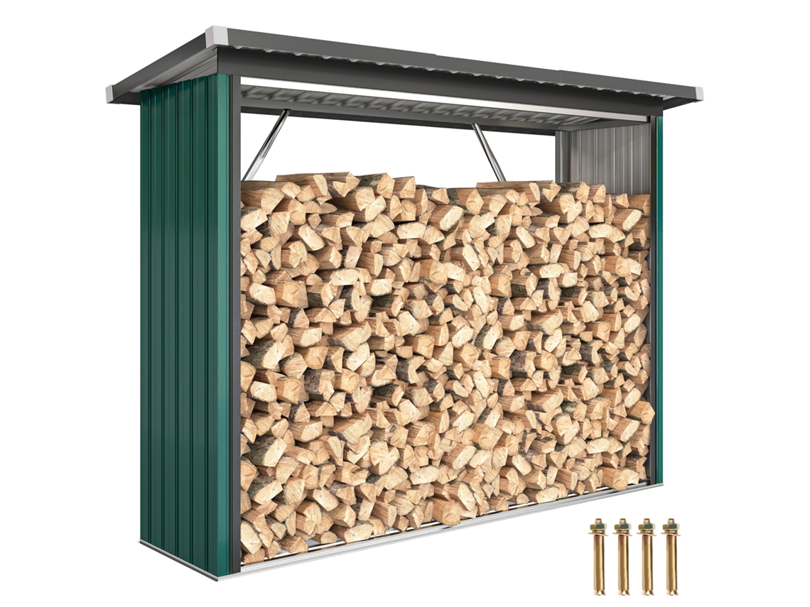 Abrigo Lenha Aço Galvanizado 213x66,5x150cm Base Elevada Telhado Inclinado Verde