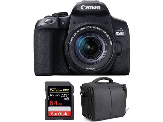 Kit Cámara CANON EOS 850D + EF-S 18-55mm f/4-5.6 IS STM + SanDisk 64 GB + Bolsa (APS-C)