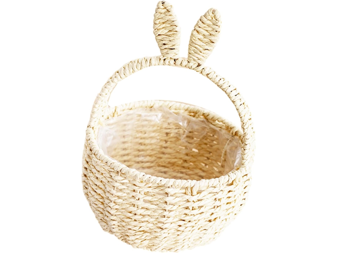 Cesta Resistente Hecha A Mano En Un Tono Neutro Con Divertidas Orejas De Conejo, Perfecta Para