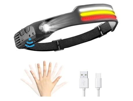 Linterna frontal LED, linterna frontal recargable, COB blanca, amarilla y roja con 10 modos de iluminación alta y baja (negro) CHRONUS