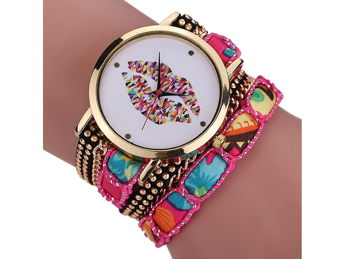 Reloj De Pulsera Multicapa De Estilo Étnico Para Mujer Con Esfera Blanca Y Movimiento De Cuarzo Rosa.
