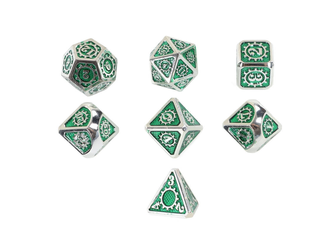 Set De 7 Dados Metálicos Poliedricos Con Diseño De Engranaje Para Juegos De Mesa, Rpg Y Cartas Color Verde Divertido