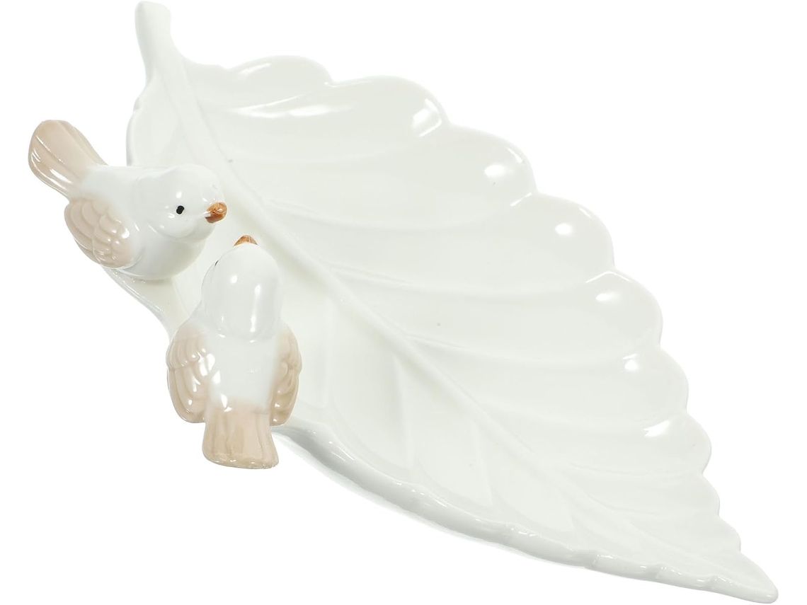 Bandeja Cerámica Blanca Diseño Pájaro Joyas Delicado Elegante Almacenamiento Tacto Agradable Mesita Noche Hoja