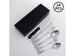 Vajilla plateada MDUG de 24 piezas con cubiertos y cucharas de acero inoxidable con diseño en relieve