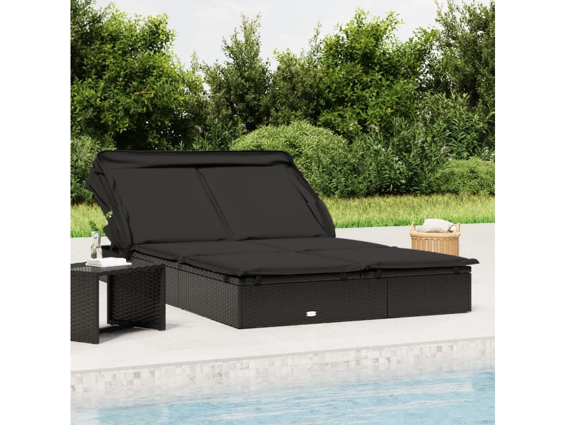Tumbona - Chaise longue con techo plegable para 2 personas, de mimbre, patas negras HARLANV1