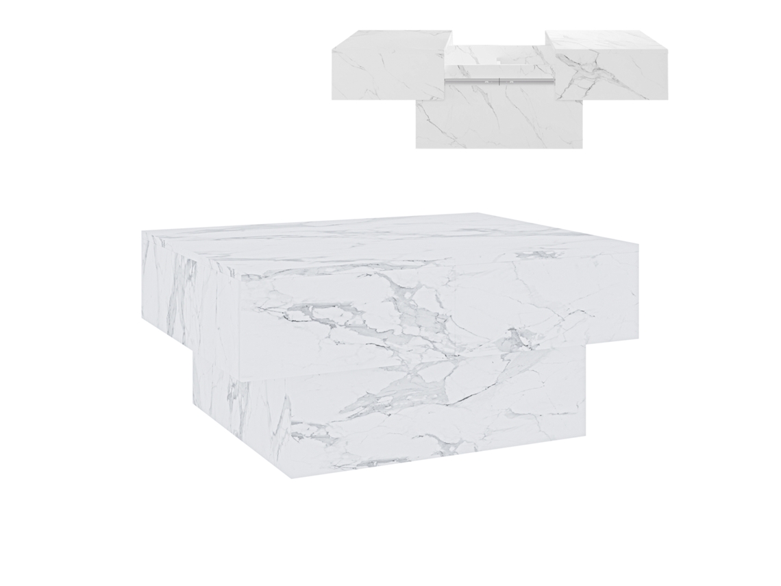 Mesa de centro extensible Lens 80x60x36 cm con efecto mármol blanco [EN.CASA]