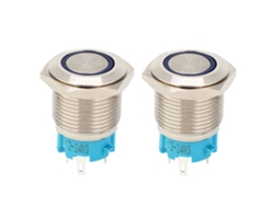 2 Interruptores Pulsadores Metálicos Autoblocantes De 16 Mm, 12~24 V Cc, Con Luz Azul, Ip65, 4 Pines, 1 Contacto Normalmente Abierto (no), 1 Unidad.
