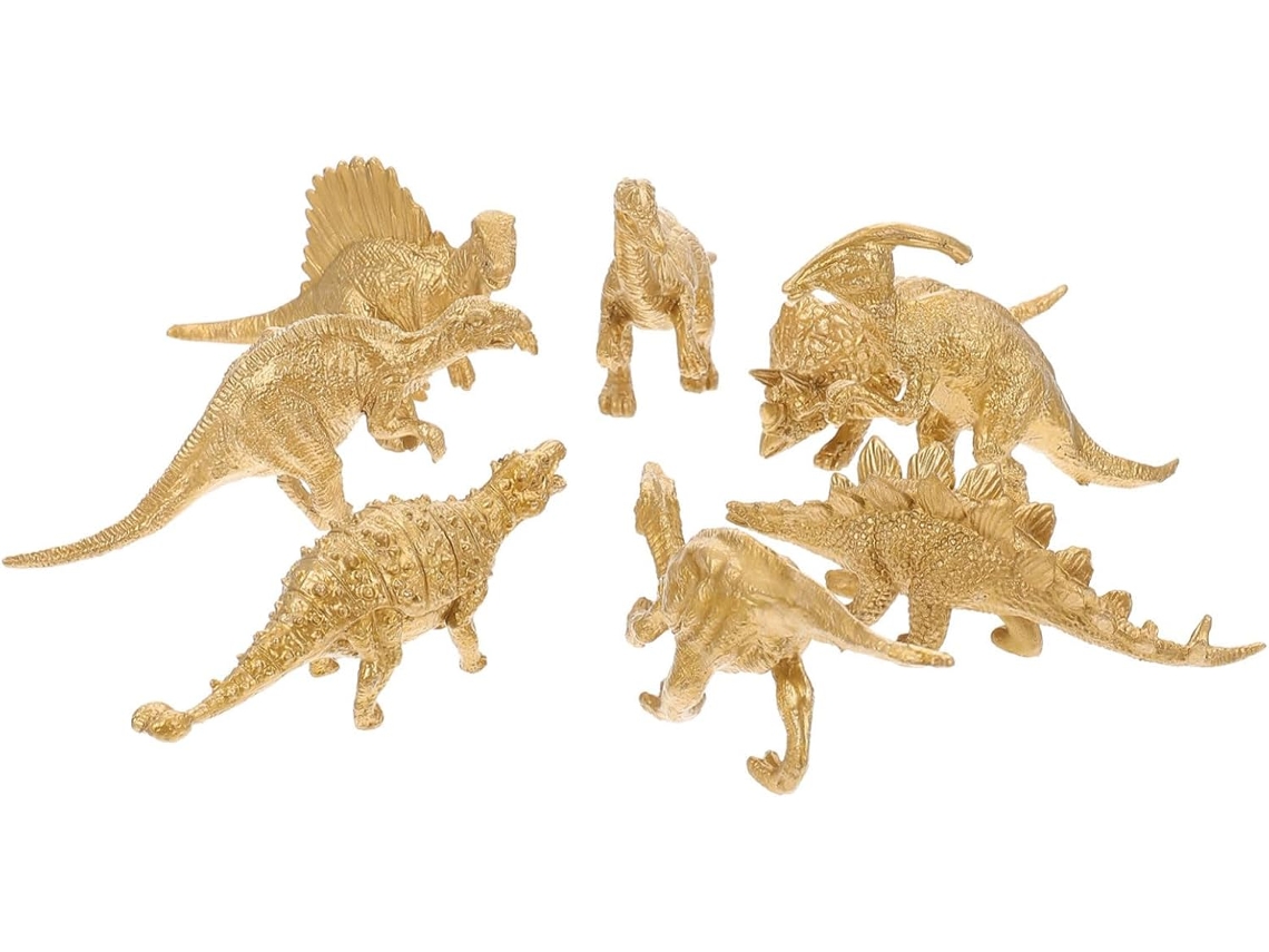 Juego de 8 figuras decorativas de dinosaurios en plástico dorado macizo, realistas.