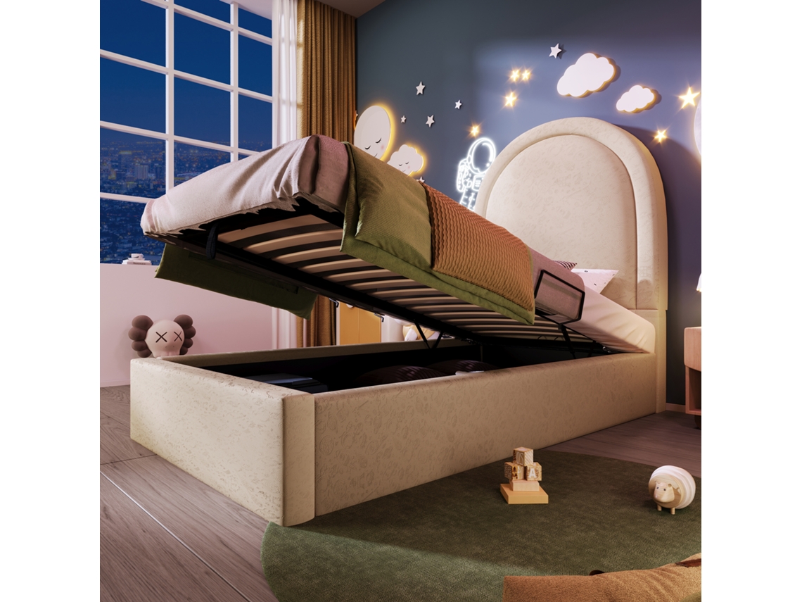 Cama Infantil De 90x200 Cm Con Estampado Cósmico, Estructura Acolchada De Poliuretano Beige Para Niños Y Niñas, Colchón No Incluido.