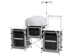 Armario de cocina plegable para camping con 3 encimeras, 4 ganchos, poste de luz y bolsa de transporte 172x48x130 cm Gris PMM CAPITALI