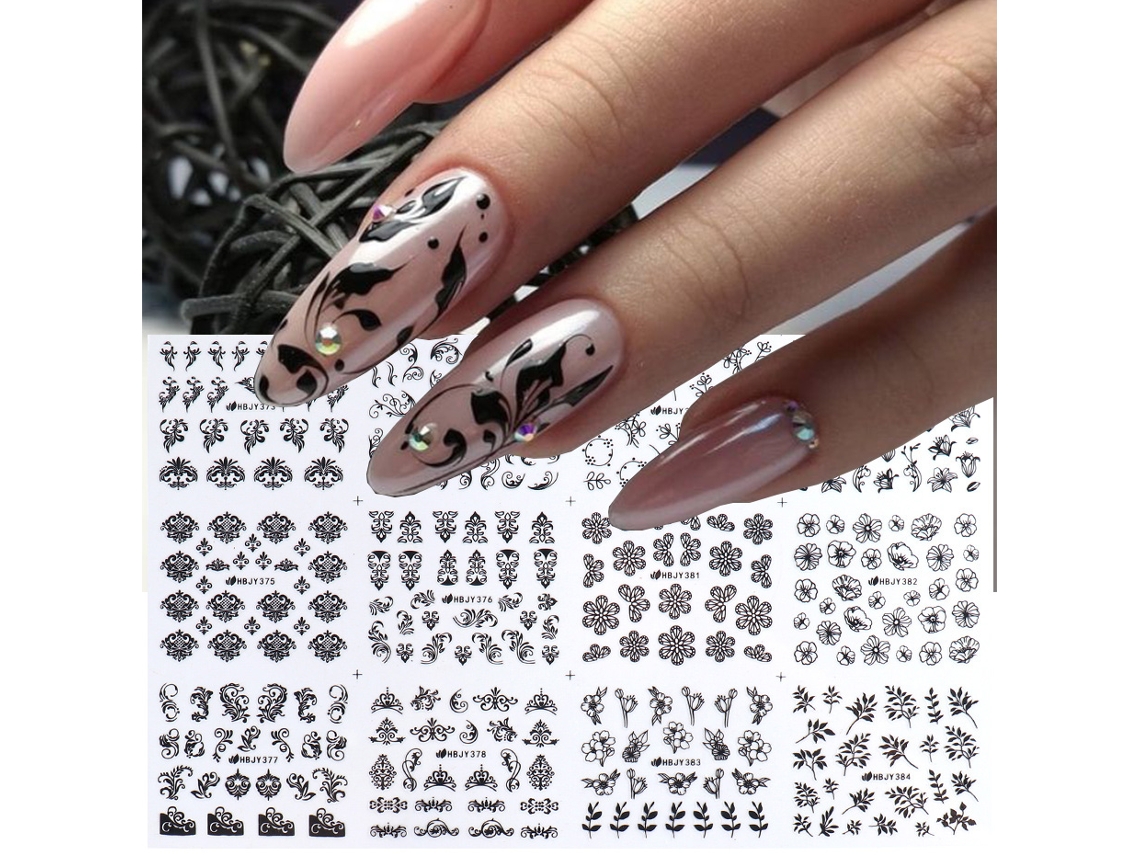 Juego de 12 pegatinas para uñas de color negro con diseño 3D, aptas para gel, polvo y materiales plásticos.