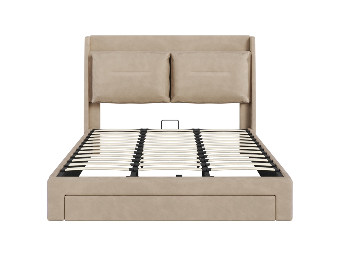 Sofá cama empotrado con cajones, pie tapizado, tira LED, terciopelo beige Mobrio (180x200)