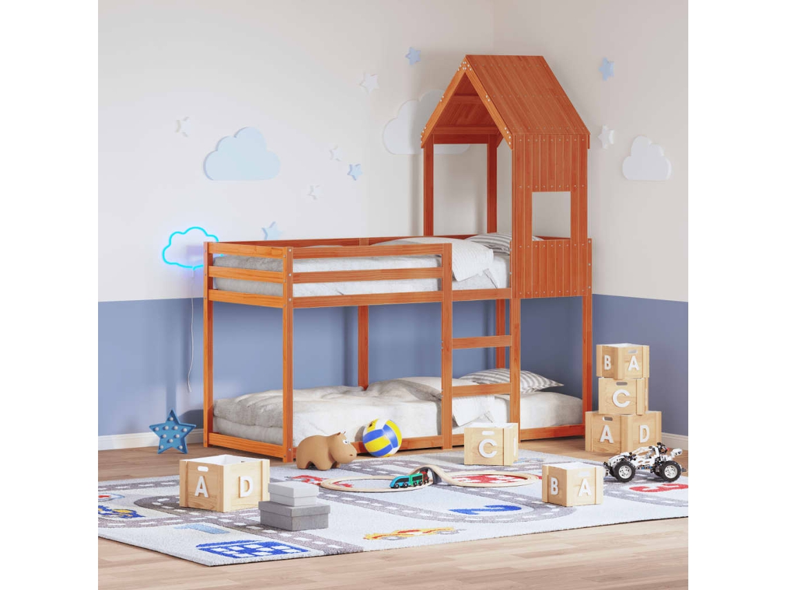 Cama Litera Con Techo Madera Maciza Pino Marrón 90x190 Cm